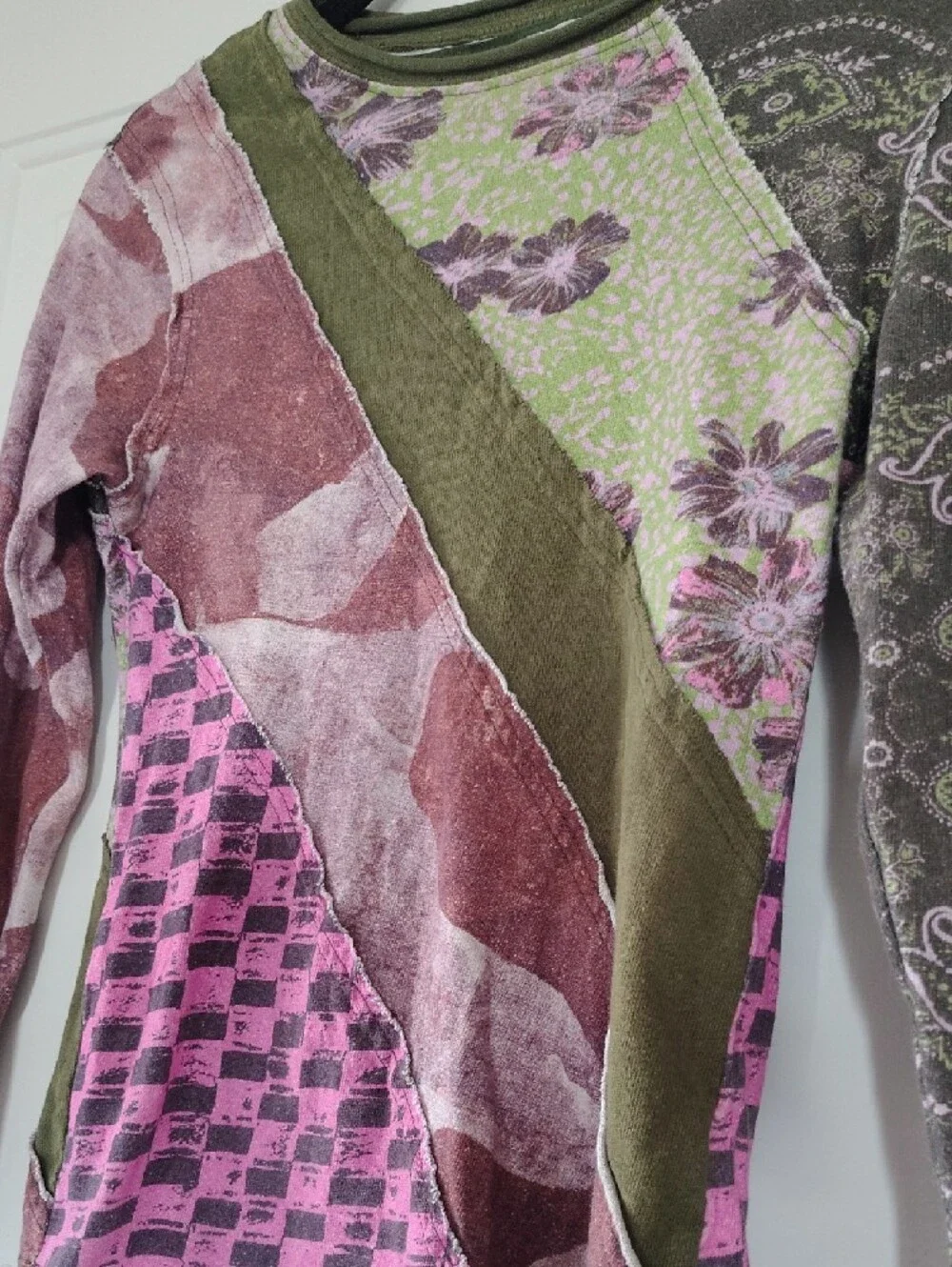 We The Free Patchwork Grunge Floral & Paisley Long Sleeve Top -Olive Green, Pink - Picture 4 of 5